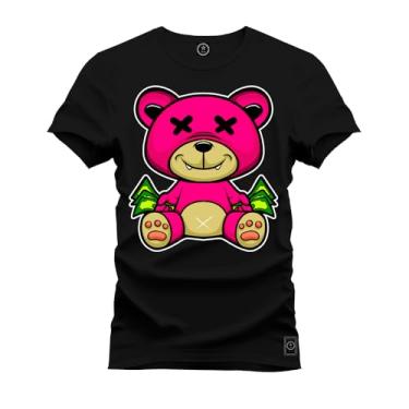 Imagem de Camiseta Plus Size Premium Malha Confortável Estampada Urso Rosa X Preto G4
