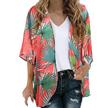 Imagem de Blusa feminina havaiana chiffon estampa floral manga bufante kimono cardigã solto blusa tops havaiano Top de verão Cobertura de praia Camisa plissada Blusa Camiseta F48-Laranja X-Large