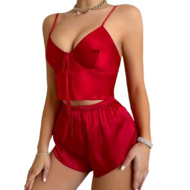 Imagem de EUBUY Pijama feminino de cetim, conjunto de pijama sexy com decote em V, conjunto de pijama com pijama feminino macio e confortável, vermelho, Vermelho, G