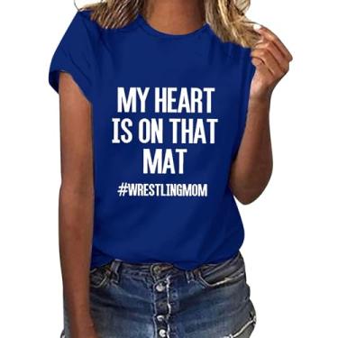 Imagem de Camiseta feminina My Heart is on That mat wrestlingmom 2024 verão casual macia com frase blusa leve, Azul, P