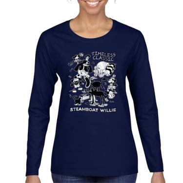 Imagem de Camiseta feminina clássica Steamboat Willie de manga comprida retrô 1928 desenho vintage mouse barco a vapor férias em família, Azul marinho, GG