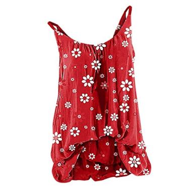 Imagem de iSovze Camiseta feminina, gola redonda, sem mangas, estampa de flores, colete, blusas, verão, casual, solta, com tiras, Vermelho, 3G