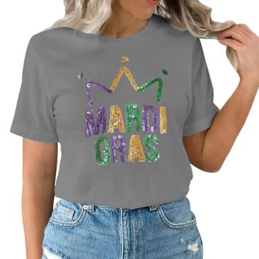 Imagem de 2024 Mardi Gras Outfit for Women Letter Printed Mardi Gras Shirts for Women Sparkly Fat Tuesday Camisetas, Cinza, P