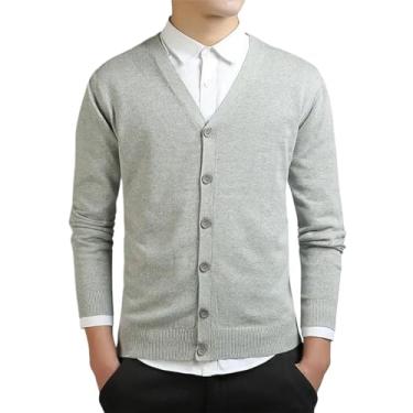 Imagem de Suéter de algodão masculino manga longa cardigã masculino gola V suéter solto sólido botão ajuste tricô estilo casual, Cinza claro9, G