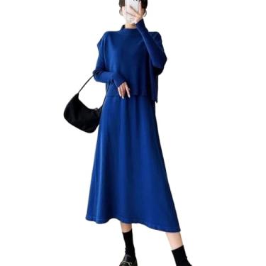 Imagem de JYHBHMZG Vestidos femininos outono Winte vestido tricotado vestido longo colete roupas femininas manga longa, Azul, P