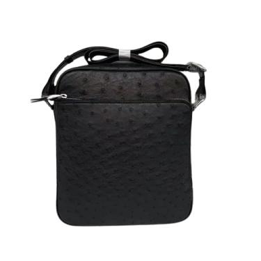 Imagem de Bolsa masculina autêntica verdadeira verdadeira pele de avestruz pequena bolsa de ombro transversal bolsa tiracolo masculina de couro exótico genuíno, preta, 23 cm (comprimento) x 19 cm (altura) x 8