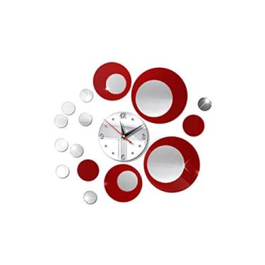 Imagem de Muloo Relógio de parede redondo 3D acrílico DIY combinação de relógios espelhados relógio moderno para cozinha, quarto, sala de estar, decoração de casa, relógio de parede vermelho