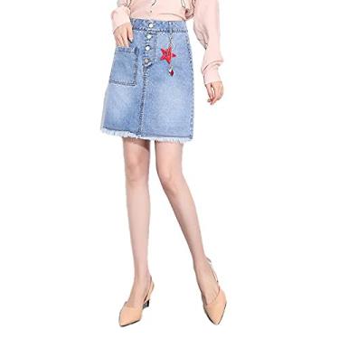 Imagem de ERTYUIO Saia feminina de cintura alta curta plissada patinadora tênis saia jeans feminina cintura alta fina evasê saia curta com botões, a, GG