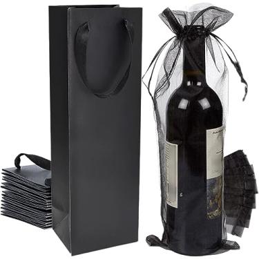 Imagem de YUBONCE Pacote com 60 sacos de presente de vinho preto com sacos de garrafa de organza, sacolas de papel kraft para uísque/bebidas espirituosas, reutilizáveis