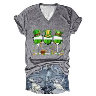 Imagem de Camiseta feminina com estampa de trevo do dia de São Patrício, estampa da bandeira americana, túnica verde, casual, manga curta, Cinza, M