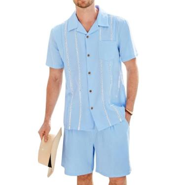 Imagem de GRACE KARIN Conjunto de camisa masculina casual Guayabera de algodão e linho de manga curta com botões e shorts, Azul claro, GG