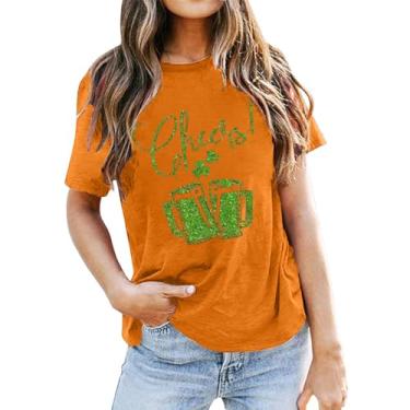Imagem de Camisetas femininas do Dia de São Patrício com estampa de coração de trevo verde túnica tops básicos de verão, Laranja, 3G