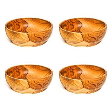 Imagem de Rainforest Bowls Conjunto de 4 tigelas grandes de madeira de teca javanesa com pés redondos de 18 cm - perfeitas para uso diário, amigável ao quente e frio, ultraduráveis - tigelas de madeira maciça