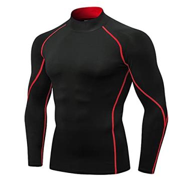 Imagem de LEICHR Camisetas de compressão masculinas de manga comprida e secagem fresca para academia com gola rolê, Linha vermelha preta nº 58, P