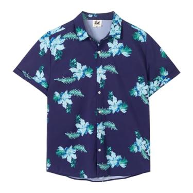 Imagem de SURF CUZ Camisa masculina casual havaiana manga curta elástica com botões e secagem rápida para praia Aloha, Flor azul, mar, GG