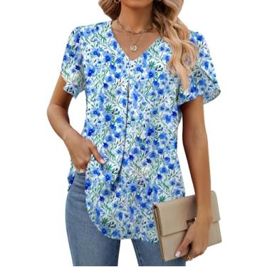 Imagem de Funlingo Blusas femininas de verão de manga curta elegantes de chiffon, gola V, túnica de trabalho, camisetas casuais soltas, Pardal azul, P