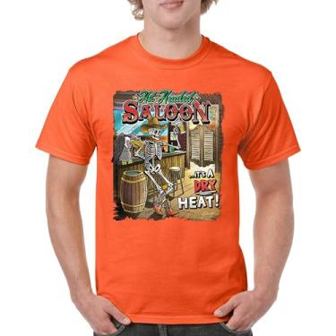 Imagem de Camiseta masculina Hot Headed Saloon But its a Dry Heat Funny Skeleton Biker Beer Drinking Cowboy Skull Southwest, Laranja, 5G