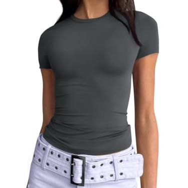 Imagem de Trendy Queen Camisetas femininas básicas de gola redonda manga curta tops bonitos de verão camisetas slim fit roupas Y2k 2024, Cinza, PP