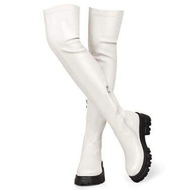 Imagem de CouieCuies Botas pretas até a coxa para mulheres plataforma acima do joelho botas de cano alto bota confortável stretch botas 5,5-10, Bege-PU, 7