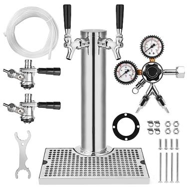 Imagem de TMCRAFT Kit de torre Kegerator, kit de conversão de cerveja de torneira dupla, torre de cerveja de aço inoxidável com regulador CGA-320 de calibre duplo e acoplador de barril de sistema D para bares,