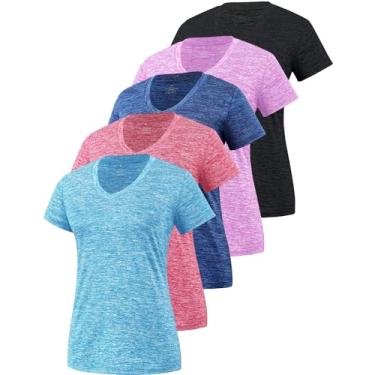 Imagem de Pacote com 5 camisetas femininas de manga curta dry fit com absorção de umidade atlética gola V, Preto1/Roxo/Azul-marinho/Rosa/Azul, M
