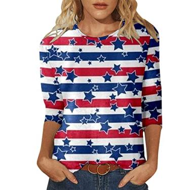 Imagem de Camiseta feminina bandeira americana 4 de julho Dia da Independência Top Patriótico Star Stripes Gráfico Manga 3/4 Túnica Gola Redonda, Azul marino, G