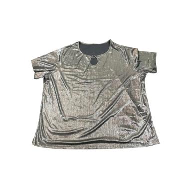 Imagem de Agnes Orinda Camiseta feminina plus size com gola redonda metálica e manga curta, Prata, 3X