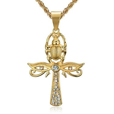 Imagem de Lee Island Fashion Colar de aço inoxidável com pingente de cruz Ankh Egípcio Olho de Hórus e Escaravelho CZ para homens e mulheres, corrente de corda de 61 cm, presente de amuleto, Zircônia cúbica,