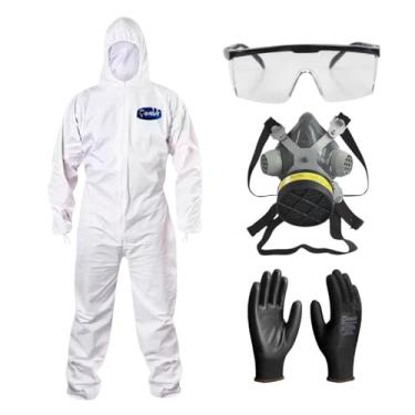 Imagem de Kit Macacão de Proteção Óculos de Segurança RJ Incolor Máscara Respirador Luva de Proteção Poliéster EPI (Branco/Preto, XG)