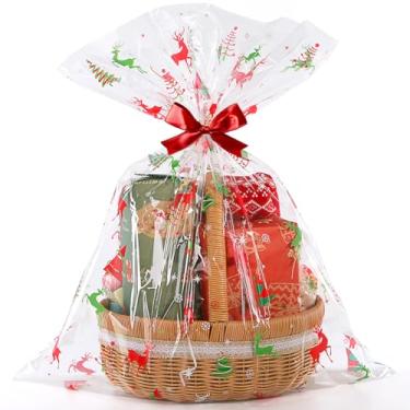 Imagem de CUDICY Sacos de presente de celofane de Natal, 10 peças, embalagem de presente grande, 61 x 76 cm, plástico transparente para embrulho de cesta (árvore de Natal, rena)