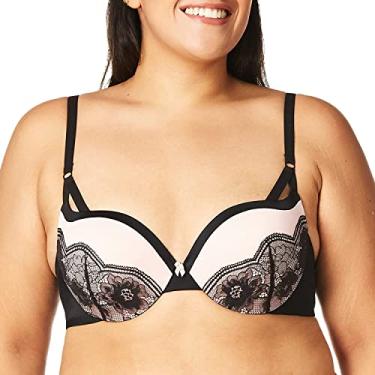 Imagem de Maidenform Sutiã feminino com aro, Love the Lift Suavizante Lace Demi, sutiã push-up para mulheres, Preto/Renda suave com tiras pêssego, 40D