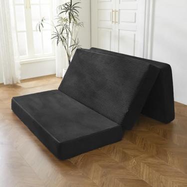 Imagem de BYBYME Colchão dobrável de veludo cotelê triplo, cobertura de colchão dobrável em gel de 15 cm, almofada de acampamento dobrável e macia para cama de hóspedes, capa lavável (preto, solteiro)