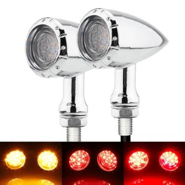Imagem de TSUNG 2 peças de luzes traseiras de motocicleta LED Bullet SMD Blinkers luz traseira de freio vermelho âmbar indicadores para Cruiser Chopper Bobber Cafe Racer Street Bike (LED SMD - 4 fios cromado)