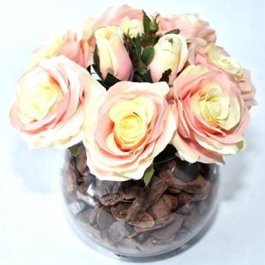 Imagem de Arranjo de Rosas Artificiais Amarelas Rosadas em Vaso de Vidro - Vila 