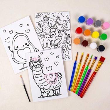 Imagem de Horizon Group USA Pre-Printed Canvas & Paint Art Set. Ready to Paint 5" x 7" Canvas Panels, 12 Tempera Paints, 6 Easy-Grip Assorted Paintbrushes Included. Avocado, Llama, Rainbow Friends.