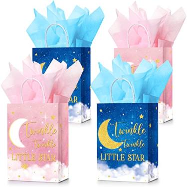 Imagem de 16 Pcs Twinkle Twinkle Little Star Gift Bags with 16 Tissue Paper Moon Star Party Favor Bags with Handles Galaxy Goodie Bags Paper Candy Treat Bags for Baby Shower Birthday Party Supplies (Pink, Blue)