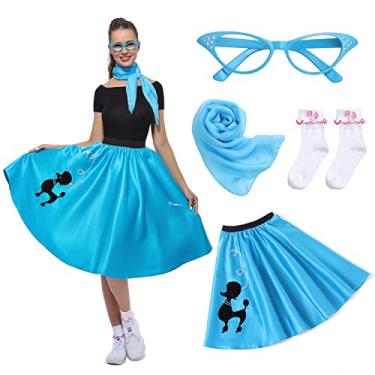 Imagem de Rabtero Women Sock Hop Costume, Adult 1950s Poodle Dress Costume, 50's Poodle Skirt with Glasses, Scarf and Socks for Women 18-24, Plus, Blue