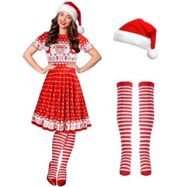 Imagem de Hillban Conjunto de 3 peças de fantasia de elfo de Natal feminino, manga curta, vestido de Natal até a coxa, chapéu de Papai Noel, Cervo, Large