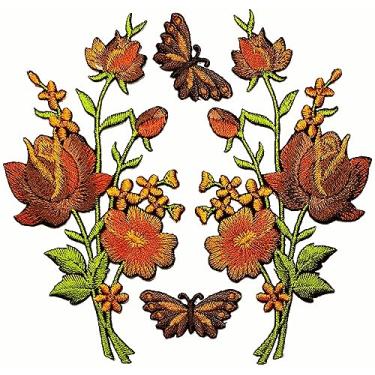 Imagem de Conjunto. Lindas rosas marrons buquê flores remendos adorável borboleta bordado ferro sobre costurar remendo suprimentos de costura jaqueta jeans roupas chapéus decoração adesivos bordados