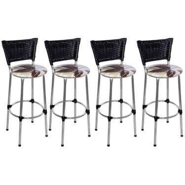 Imagem de Kit 4 Banquetas Altas Cromada com Encosto Junco Preto Assento Floral Marrom