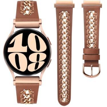 Imagem de Minyee Pulseira de couro compatível com Samsung Galaxy Watch 7/6/5/4/FE/Active 2 de 40 mm e 44 mm/Watch 6 Classic de 43 mm e 47 mm/Watch 5 Pro de 45 mm, pulseira de couro elegante de 20 mm com