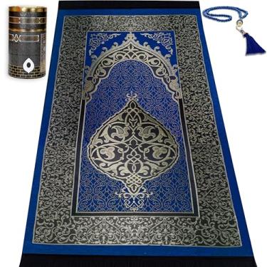Imagem de Kapobia Tapete de oração muçulmana, islamismo e contas, caixa de design Kaabe Eid Ramadan presentes conjunto islâmico tapete carnal salah tecido tafetá preto macio tapetes de oração homens e mulheres