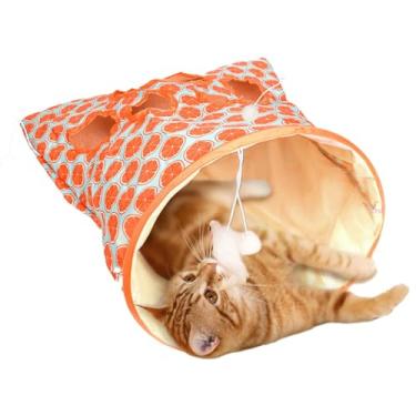 Imagem de Bolsa de túnel para gatos em ambientes internos, bolsa enrugada para gatos e hamsters, brinquedo de túnel de brincar, bolsa dobrável para animais de estimação com 1 pequeno rato e bola de brinquedo,