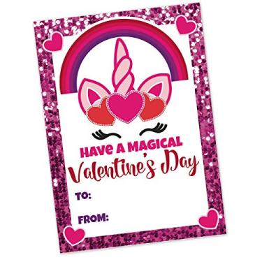 Imagem de Pacote de 32 cartões de troca de festa Valentine para escola (32 unidades com envelopes) – Unicórnio rosa choque – Tamanho grande – Cartão pesado – Artigos de festa para meninas no Dia dos Namorados