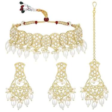 Imagem de Aheli Colar de gargantilha Kundan banhado a ouro brincos e joias étnicas Maang Tikka presente para mulheres, Zinco Metal, Sem Pedra Preciosa