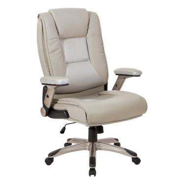 Imagem de Office Star Cadeira de escritório executiva de couro com suporte lombar embutido e braços acolchoados, cinza acinzentado com base revestida de cacau