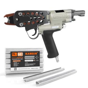 Imagem de Kit de pistola de porco pneumática de calibre 15 Woodpecker C-7CA com 1.000 peças de grampos de anel de porco, coroa de 19 mm, diâmetro de fechamento de 4,8 a 7 mm, grampeador de anel C de ferramenta