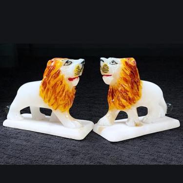 Imagem de craftslook Estatueta de leão de mármore branco ao ar livre, 7,6 cm, 2 peças, rei dos animais, prosperidade da riqueza do Feng Shui, decoração de casa, pátio, estátua de jardim
