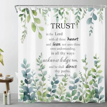 Imagem de HVEST Cortina de chuveiro de eucalipto verde sálvia com ganchos, folha verde e versículo bíblico citações inspiradoras em cortina de chuveiro branca para banheiro, natureza, planta, conjunto de