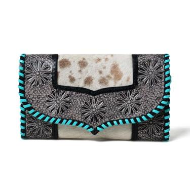 Imagem de Merbaa Carteira feminina Rodeo Roundup de couro de vaca com três dobras e fecho de zíper estilo ocidental, Turquesa, Merbaa Carteira feminina de couro bovino e hairon com bordas de malha de couro cru